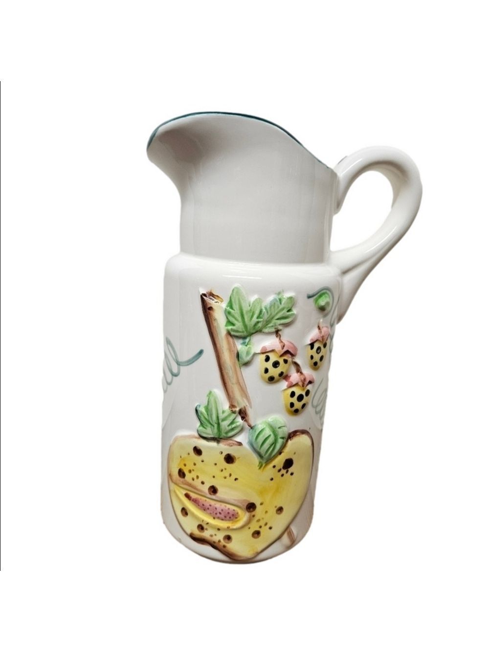 Vintage 50s Embossed Fruit Motif Glazed Ceramic Pitcher